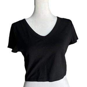 NWOT Medium Wild Fable Black V Neck Crop Top Cap Sleeves Solid Cotton Blend
